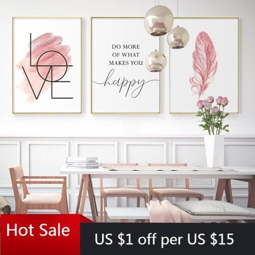 Blush Pink Wall Art Feather Canvas Painting Inspirational Quote Print Love Sign Picture for Girl Posters Aesthetic Room Decor