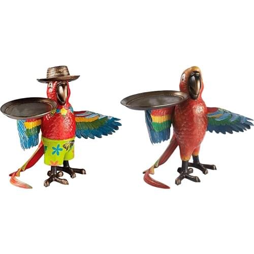 Accent Parrot Statue Figurines Art Piece Coffee Drinks Serving Tray Glasses Items Plate Home Dresser Cabinet Living Room Decor