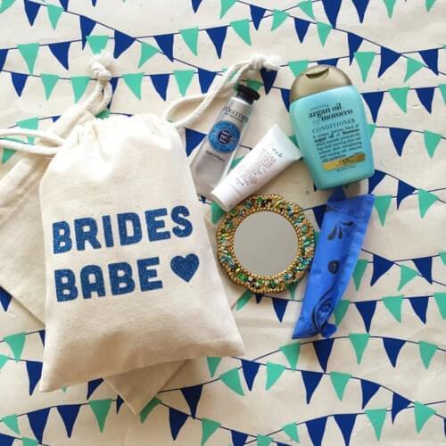 BRIDES BABE BAG personalised bridal shower gift Bags Bachelorette favor Bags muslin Hangovers Kit hen weekend emergency kit bags