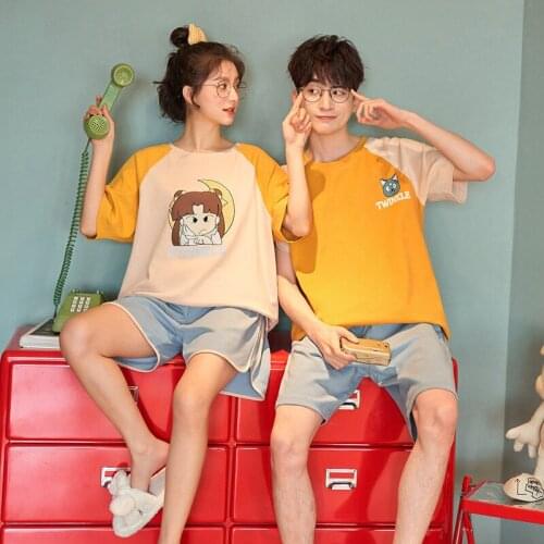 Japanese Kawaii Womens Pajamas Sets Summer Couple Yellow Patchwork Sleepwear Plus Size Cotton Mens Homewear