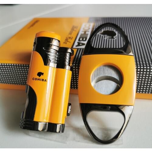Cigar Lighter Cutter Windproof 2 Torch Jet Flame Gas Mini Lighter Accessories set Butane Metal with Punch Gift Box