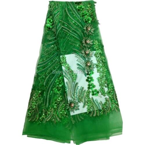 Green Handmade 3D flower embroidery french tulle beaded lace fabric for bridal dress HY0426