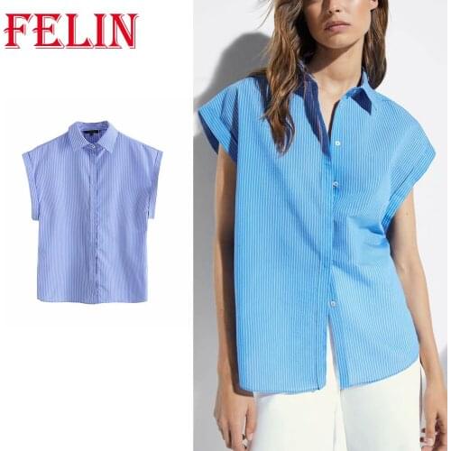 2021 Women Summer Casual Oversized T-Shirts Za Chic Blue Stripe Elegant Women Tees Shirts Vintage Sleeveless Mujer Tops