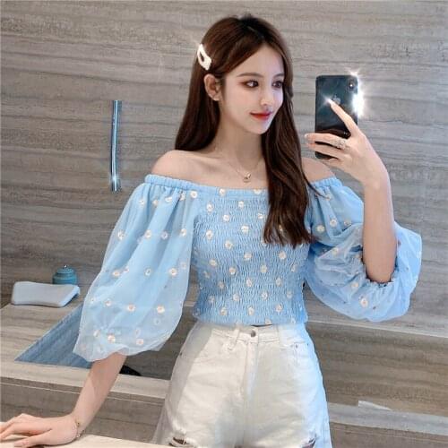Blue summer crop top women Off Shoulder High Waist Casual holiday tank top puff Sleeves Loose Fit Chic Tops 2021