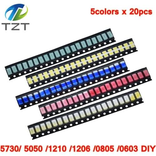 100pcs=5colors x 20pcs 5730/5050 /1210 /1206 /0805 /0603 LED Diode Assortment SMD LED Diode Kit Green RED White Blue Yellow 5630