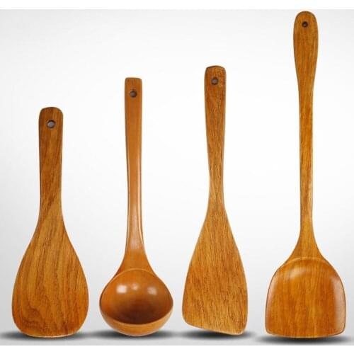4PC/Set Japanese Style Non-Sticky Pan Spatula Set Wooden Kitchen Tool Set Durable Don't Hurt Pan Natural Cooking Tool Sets 250E