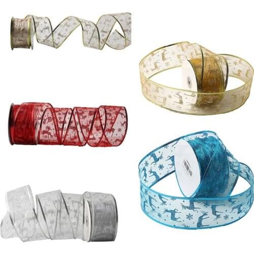 50 Yards/roll Glitter Sheer Wired Organza Christmas Elk Ribbon Webbing for Wedding Party Xmas Tree Decoration
