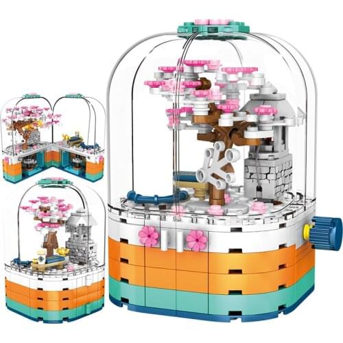 New Creative LED Light Rotating Box Building Blocks Friends City Street View Cherry Blossom House Tree Bricks Toys for Kids