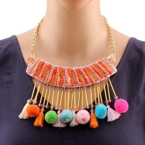 Florate Colorful Bead Cotton Ball Handmade Necklace for Women Jewelry Wholesale Gold Chain Pendant Tassel Statement Necklace