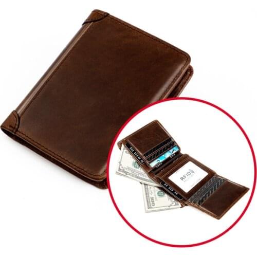 Male Purse Money Bag Genuine Leather Wallet Vertical Short Anti Theft RFID Blocking 3 Fold Credit Card Holder Wallet Men