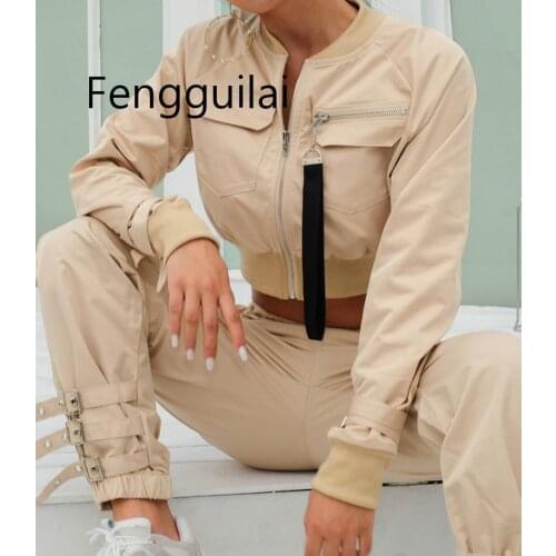 FENGGUILAI Outerwear Coat Bomber Jacket Women Patch Long Sleeve Autumn Jacket Pocket Hig Waist Buckle Zipper Streetwear Jacke