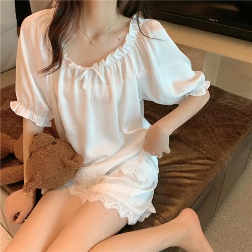 Summer Womens Princess Vintage Pajama Sets Bow Square Collar Sleepwear Cute Lolita Girls Pyjamas Ladies Casual Homewear