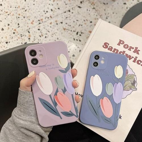Retro Sweet tulip Flower art kawaii Japanese Phone Case For iPhone 11 12 Pro Max Xr Xs Max 6 7 8 Plus 7Plus case Cute Soft Cover
