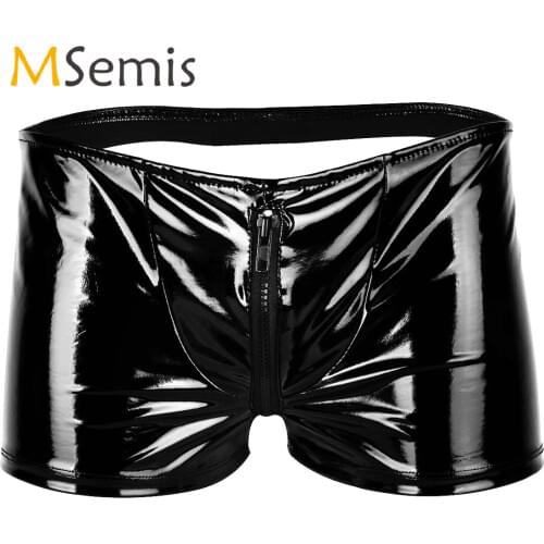 Mens Lingerie Open Crotch Underwear Shiny Metallic Patent Leather Underpants Zipper Bulge Pouch Open Butt Boxer Briefs Panties