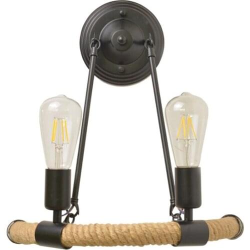 Hemp Rope Wall Sconce Light Vintage Metal Black Wall Lamp Hanging Lighting Fixture 2 Light Bases for Bedroom Living Room Study