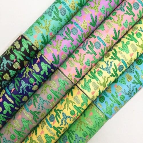 Onefly Wholesales Dropshipping Leather Supplier cactus Printed Faux Synthetic Leather Vinyl Fabric Sheets For Bow DIY FZ160