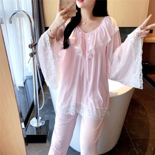 Princess Wind Belt Bra Pajamas Womens Spring Autumn Cotton Nightgown Long Sleeve Nightwear 2Pcs Suit Court Homewear Sleepwear