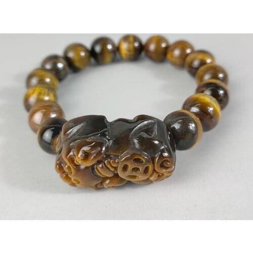 Elaborate Chinese manual tigers eye stone Kirin statue auspicious bracelet