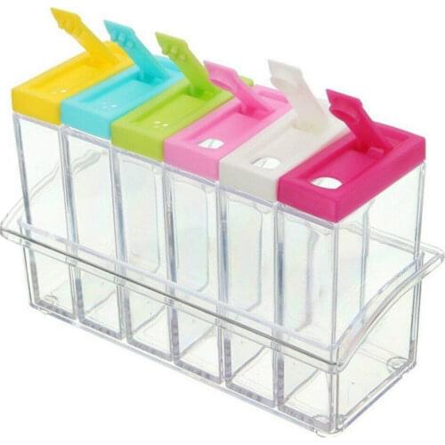 Set of 6 Spice Shaker Seasoning Bottle Jar Condiment Storage Container with Tray for Salt Sugar Cruet, Color Random Delivery