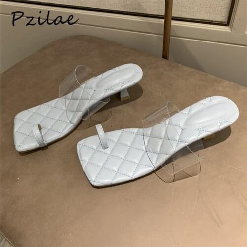 Pzilae Women summer slippers 2020 fashion ladies square head med heel flip flops new design PVC strap women sandals slippers