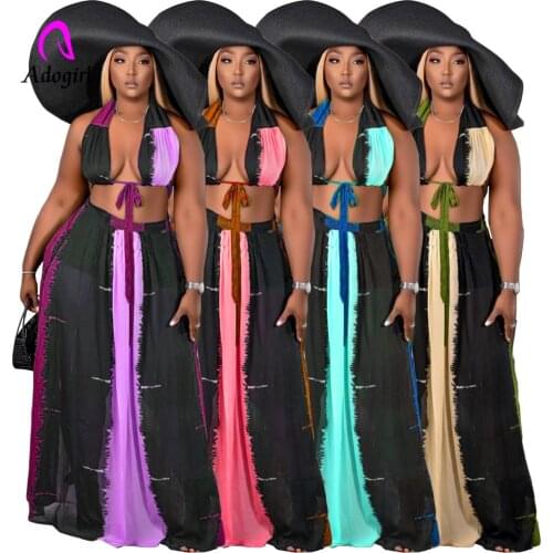 Plus Size Women Skirt Set Halter Bow Tie Crop Top + A Line Skirt Matching Suit 2021 Summer Beach Holiday Dresses Party Vestidos