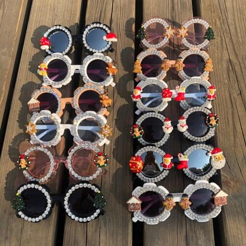 Cartoon Christmas Kids Sunglasses 12 Designs Shades Gorgeous Diamond Baby Eyewear Mirror Lens UV400 Children Round Sun Glasses