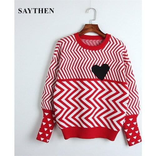 SAYTHEN 2021 Autumn Winter Women Sweet Sweaters Geometric Heart Pattern Long Sleeve Tops Lovely Pullovers Knitted Loose Jumper