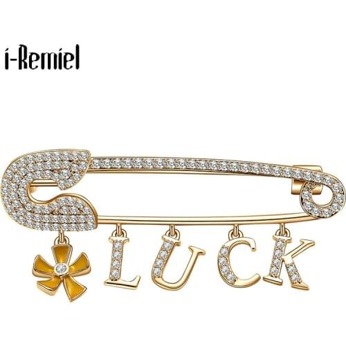 Ladies Luck Letter Lucky Flower Fashion Jewelry Luxury Zirconia Crystal Suit Coat Pin Scarf Buckle Shawl Cardigan Accessories