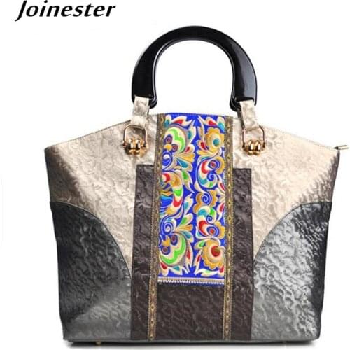 Women Retro Large Size Hand Bags Ethnic Embroidery Bag Floral PU Tote Ladies Vintage Handbags Canvas Handle Purse Commuting Bag