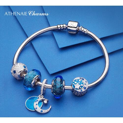 ATHENAIE Authentic 925 Sterling Silver Night Sky Charms Bracelet with CZ Charm Beads for Women Christmas Day Gift Color Blue
