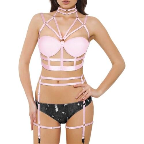 Pink Hanging Neck Full Body Harness Cage Bra For Women Fashion Sexy Bondage Fetish Lingerie Punk Gothic Dance Festival Rave Wear