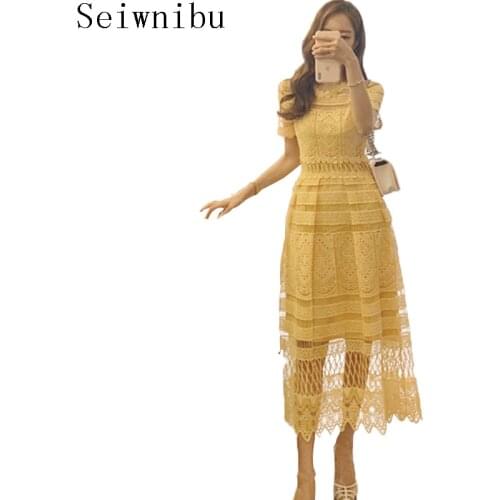 Seiwnibu Korean Summer Runway Swing Dress Women Short Sleeve Yellow Lace Holiday Long Dress Fashion Floral Hollow Out Midi Dress
