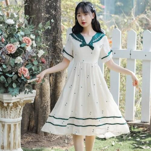 Embroidered Peter pan Collar Sweet Girl Kawaii Dress 2021 Women Summer Short-sleeved Lace Bow Tie Japanese Cute Chiffon Vestido