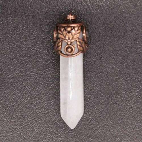 100-Unique 1 Pcs Copper Plated Leaf Hexagon Column Natural Rock Crystal Pendant Charm Jewelry