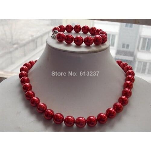 12mm lovely rose red shell simulated-pearl round beads necklace bracelet set 18inch/7.5inch free shipping jewelry making BV262