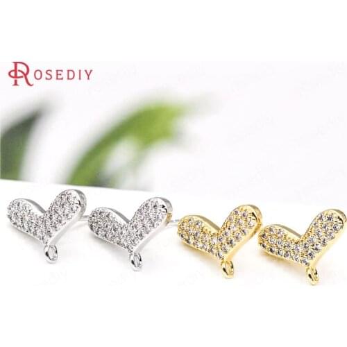 39413)4PCS 13x10MM 24K Gold Color Brass and Zircon Heart Stud Earrings Pins Earrings Jewelry Making Supplies Diy Accessories