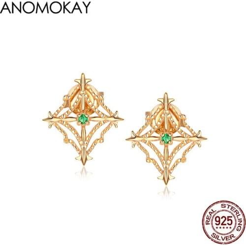 Anomokay Vintage Openwork Geometric Gold Color Earrings for Party Engagement Genuine Sterling 925 Silver Earring Faashion Gift