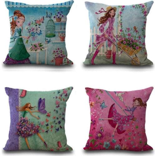 Cartoon Girl Pattern Cotton Linen Pillowcase for Home Office Sofa Seat Decor Textile Throw Printed Pillow Cover