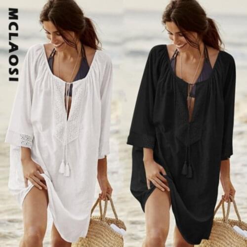 MCLAOSI 2021 Cotton Bohemian Plus Size Loose Beach Anti-Sai Blouse Vacation Womens Casual Lace Skirt Coverup Swimwear Dress