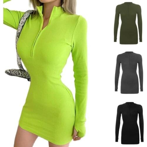 V neck Long Sleeve Skinny Y2K Mini Dress Women Autumn Sexy Sporting Style Dresses 4 Color Bodycon Slim Yellow Clubwear
