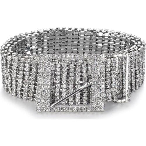 Trendy Womens 10 Rows Full Rhinestone Shiny Waistband Party Dress Belt Chain