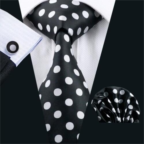 FA-1190 Men`s Ties Black Dot Gravata Silk Neck Tie Hanky Cufflinks Set Ties For Men Business Wedding Party Free Shipping