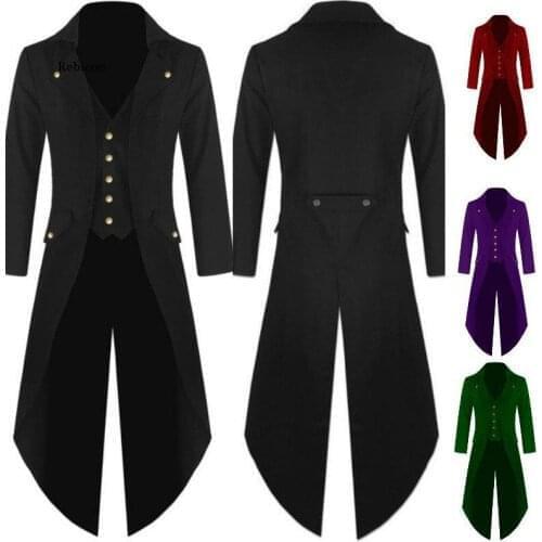 Men Victorian Costume Black Tuxedo Fashion Tailcoat Gothic Steampunk Trench Jacket Coat Frock Outfit Dovetail Uniform for Adult