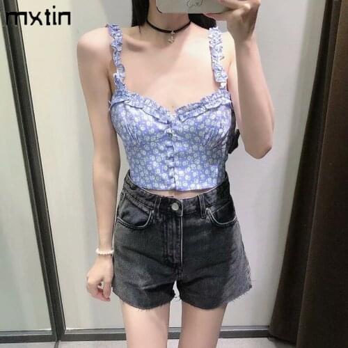 MXTIN 2021 Women Summer Fashion Print Single Breasted Cropped Tank Tops Vintage Sleeveless Back Elasticity Female Casual Tops