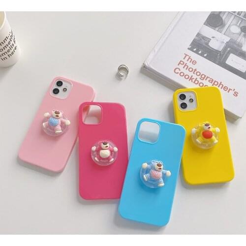 3D Cute Candy Color Strawberry Bear Phone Case for iphone 11 12Pro Max Mini X XS XR 7 8Plus Solid Color Soft Silicone Cover