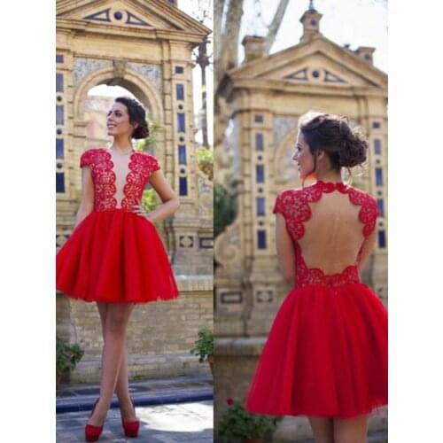 Red Homecoming Dresses A-Line V-Neck Above Knee, Mini Tulle Short Wedding Gowns With Lace Ruffles