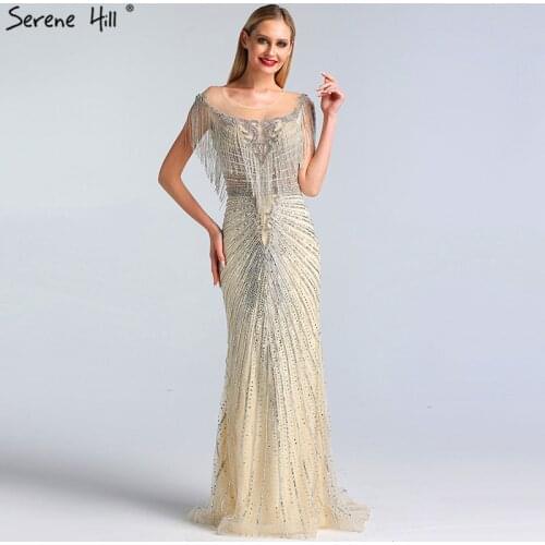 Pink Beading Tassel Sleeveless Prom Dresses 2020 Dubai O-Neck Luxury Mermaid Prom Gowns Serene Hill BLA60847