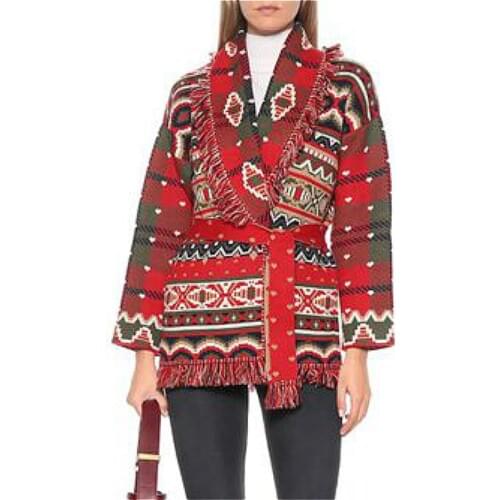 TEELYNN Long Sleeve Sweaters Cardigan Women Coat Jacket Boho Ethnic Red Jacquard Fringe Cashmere Christmas Winter Warm Jumpers
