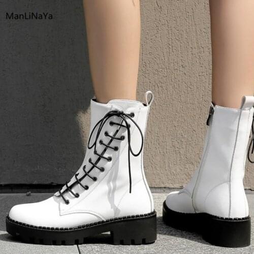 Lace up Winter Warm Snow Boots Round Toe Short Plush Motorcycle Boots Genuine Leather Square Heel Sewing Winter Female Boots