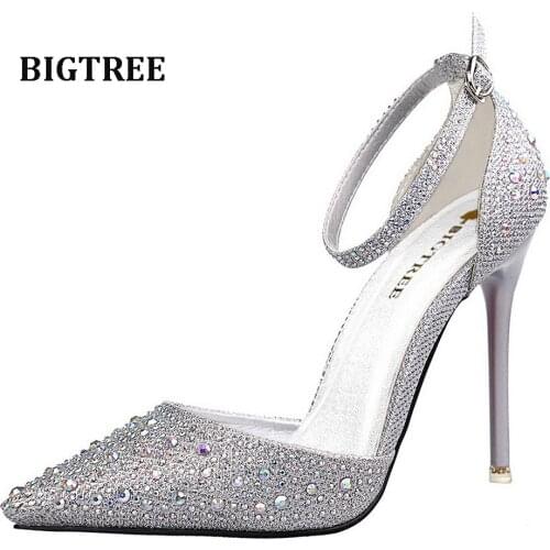 Free shipping black silver rose pink gold crystal ponited with ankle strap women lady girl 10.5cm high heel shoes pump on sale